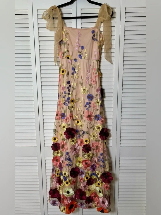 NWT Lulus Thriving Poise Blush 3D Floral Embroidered Tie-Strap Maxi Dress Small - Picture 5 of 7